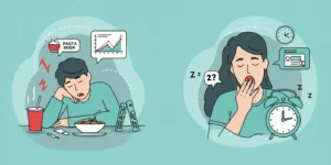 혈당스파이크가 온 사람과 피곤해서 하품을하는 사람 이미지