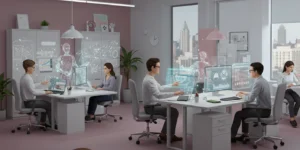 디자이너, 개발자, 마케터가 각자의 책상에서 멀티모달 AI와 협업하는 모습을 담은 미래적인 사무실 모습