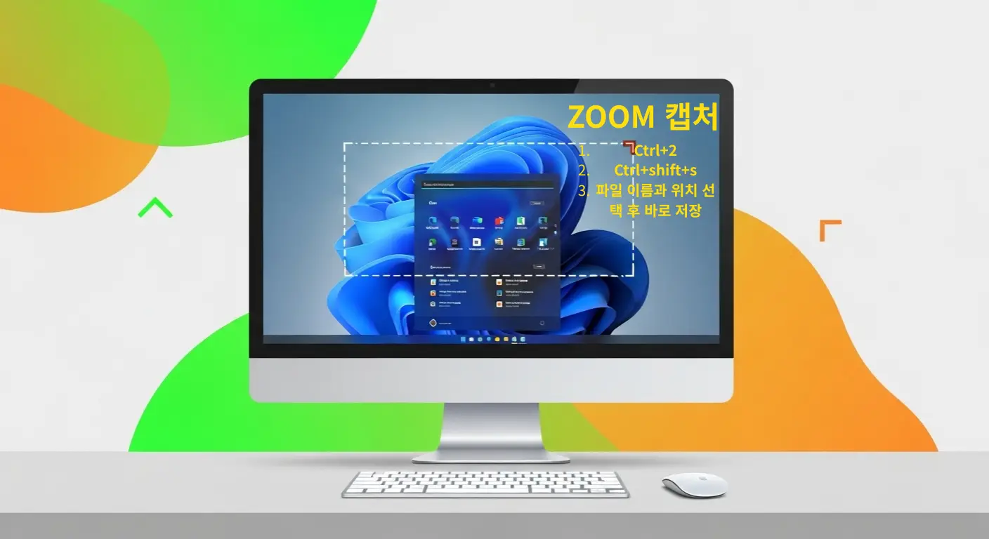  깔끔하고 현대적인 책상을 배경으로, 윈도우 11 화면의 특정 영역이 캡처되는 순간 이미지    