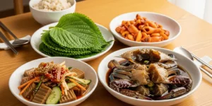 따뜻한 조명 아래 나무 식탁 위에 깻잎, 도토리묵 무침, 신선한 멍게, 간장게장이 정갈하게 차려져 있는 모습
