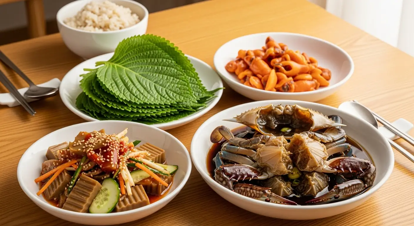 따뜻한 조명 아래 나무 식탁 위에 깻잎, 도토리묵 무침, 신선한 멍게, 간장게장이 정갈하게 차려져 있는 모습  