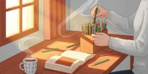 책을 읽는 대신 연필을 깔끔하게 정리하고 있는 사람의 모습