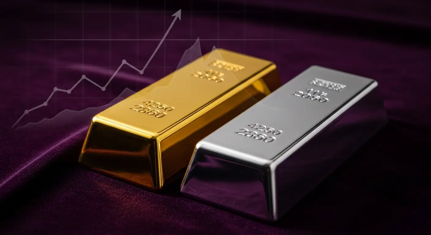 어두운 보라색 벨벳 천 위에 반짝이는 골드바와 빛나는 실버바가 나란히 놓여있는 정교하고 고급스러운 이미지  