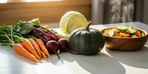 "밝고 건강한 느낌의 주방 테이블 위에 당근, 비트, 단호박, 양배추가 정갈하게 놓여있고, 그 옆에 김이 모락모락 나는 찐 채소가 담긴 그릇이 있는 이미지