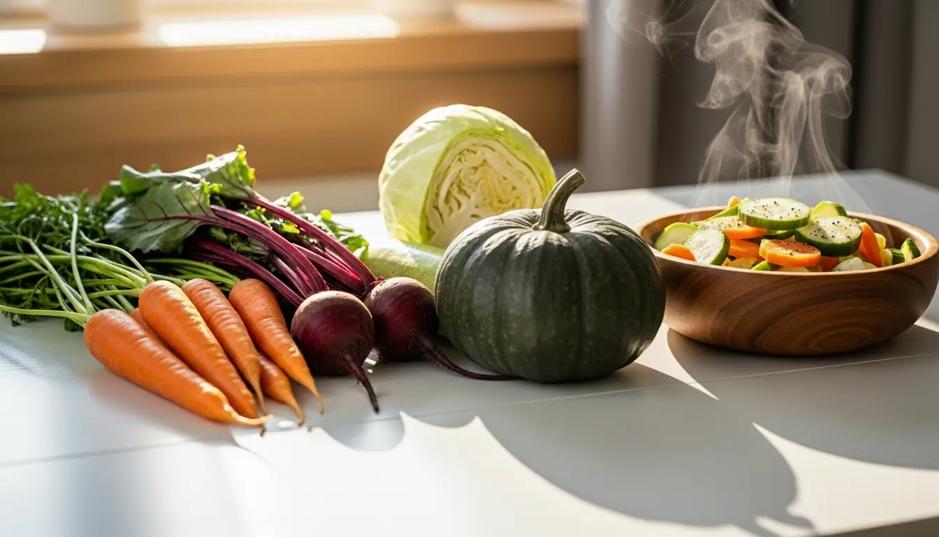  밝고 건강한 느낌의 주방 테이블 위에 당근, 비트, 단호박, 양배추가 정갈하게 놓여있고, 그 옆에 김이 모락모락 나는 삶은 채소가 담긴 그릇이 있는 이미지    