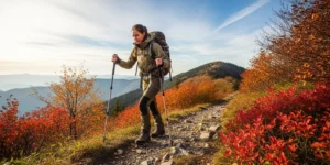 가을 단풍이 절정인 아름다운 산의 능선에서, 등산객이 등산 스틱을 사용하여 안정적으로 하산하고 있는 이미지