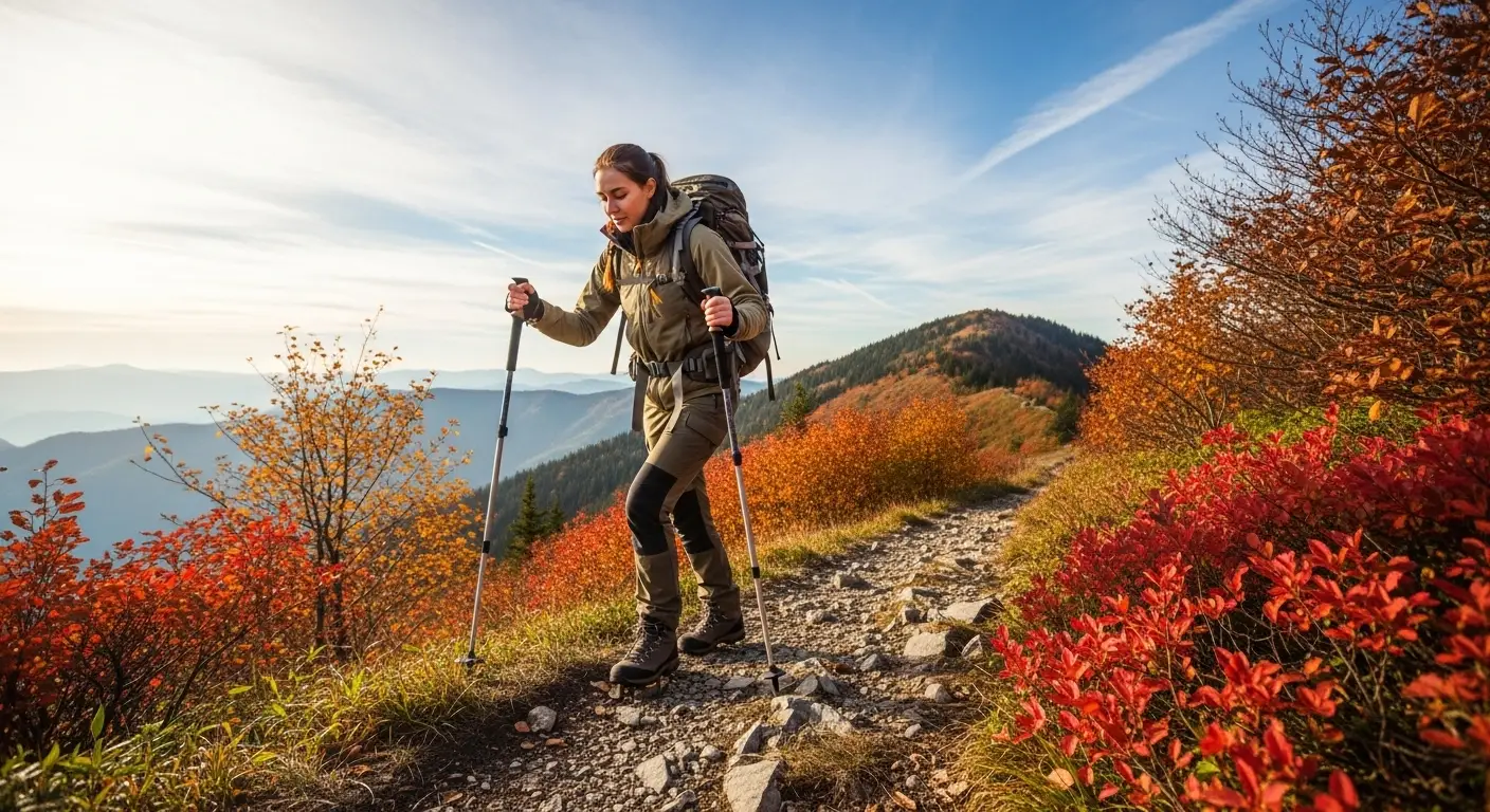 가을 단풍이 절정인 아름다운 산의 능선에서, 등산객이 등산 스틱을 사용하여 안정적으로 하산하고 있는 이미지  