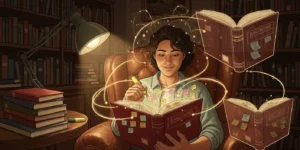 따뜻한 색감의 서재에서 한 사람이 편안한 표정으로 같은 책을 여러 번 읽으며 페이지에 하이라이트를 하고 메모를 하는 이미지