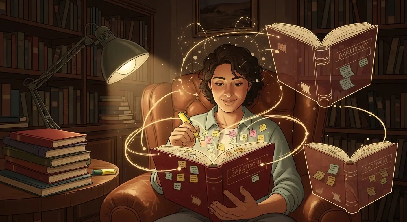  따뜻한 색감의 서재에서 한 사람이 편안한 표정으로 같은 책을 여러 번 읽으며 페이지에 하이라이트를 하고 메모를 하는 이미지    