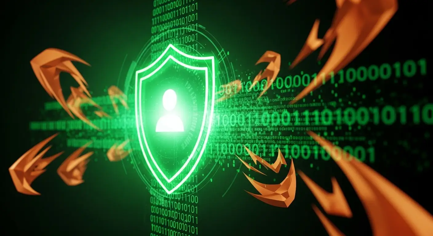 미래적인 느낌의 방패 아이콘이 녹색으로 빛나며, 배경의 추상적인 주황색 위협들로부터 사용자 데이터 스트림을 보호하는 이미지  