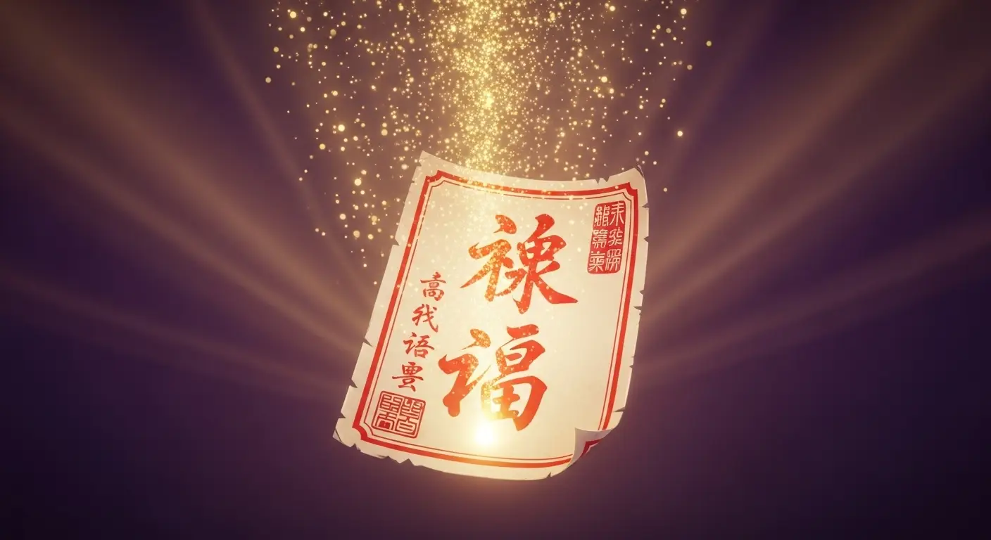 신비로운 동양적인 분위기 속에서, 붉은 경면주사로 한자가 적힌 종이부적이 은은하게 빛나고 있는 이미지 