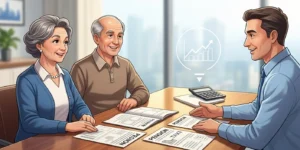 은퇴한 노부부가 재무 상담가와 함께 테이블에 앉아 연금과 세금 관련 서류를 보며 밝은 표정으로 상담받는 모습