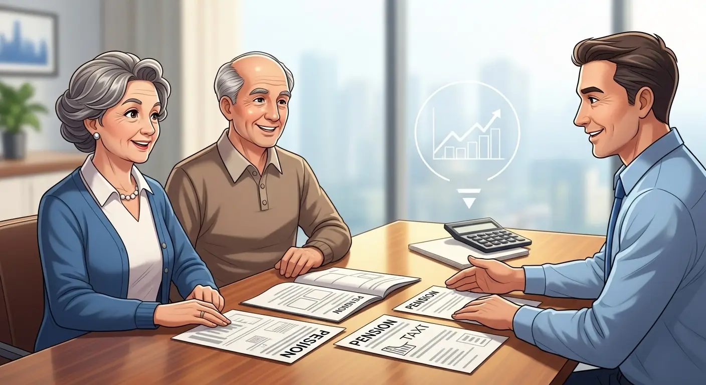  은퇴한 노부부가 재무 상담가와 함께 테이블에 앉아 연금과 세금 관련 서류를 보며 밝은 표정으로 상담받는 모습    