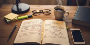 학생 책상 위, 펼쳐진 노트에 빨간펜으로 중요한 키워드들이 강조되어 있고, 옆에는 커피와 안경이 놓여있는 감성적인 플랫레이 이미지