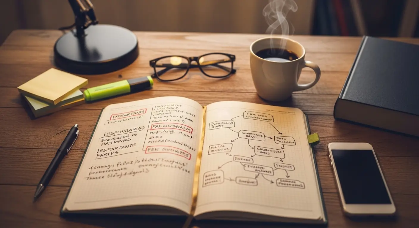 학생 책상 위, 펼쳐진 노트에 빨간펜으로 중요한 키워드들이 강조되어 있고, 옆에는 커피와 안경이 놓여있는 감성적인 플랫레이 이미지  