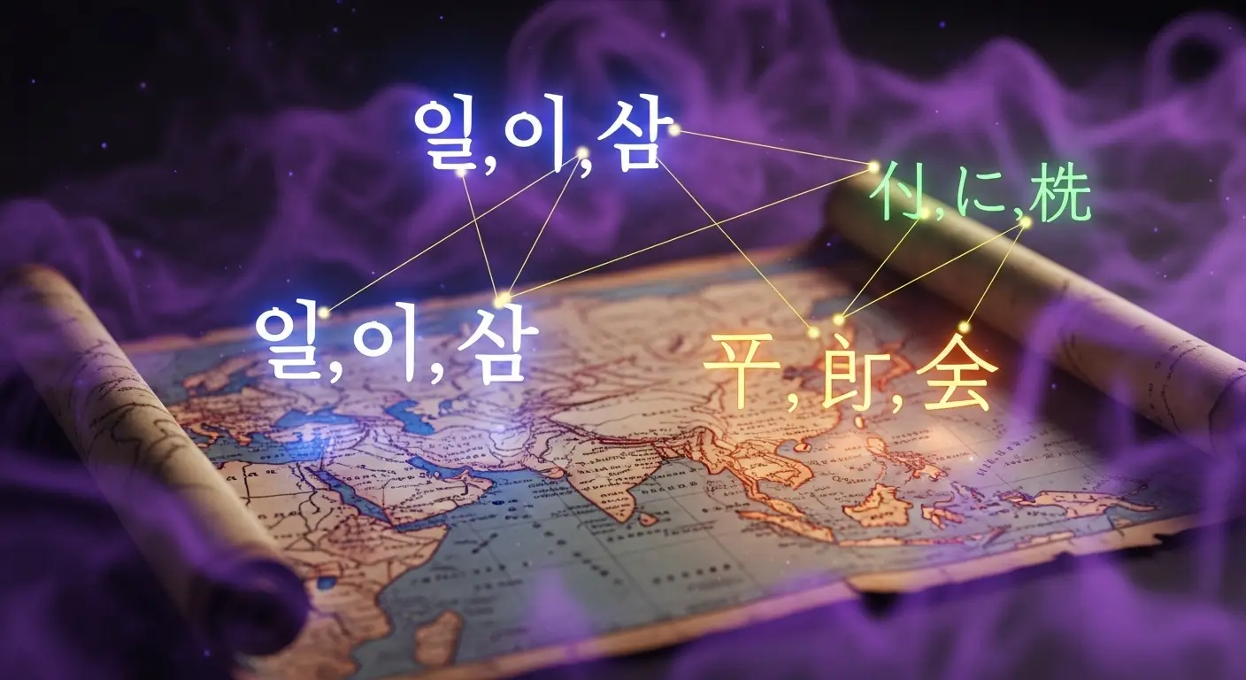  고풍스러운 아시아 지도 위에 한국어 '일, 이, 삼', 중국어 '一, 二, 三', 일본어 'いち, に, さん' 글자가 신비로운 보라색 안개와 함께 떠오르는 이미지 