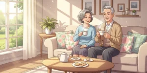 따뜻한 햇살이 드는 거실에서 한가롭게 차를 마시며 미소 짓는 60대 부부의 모습