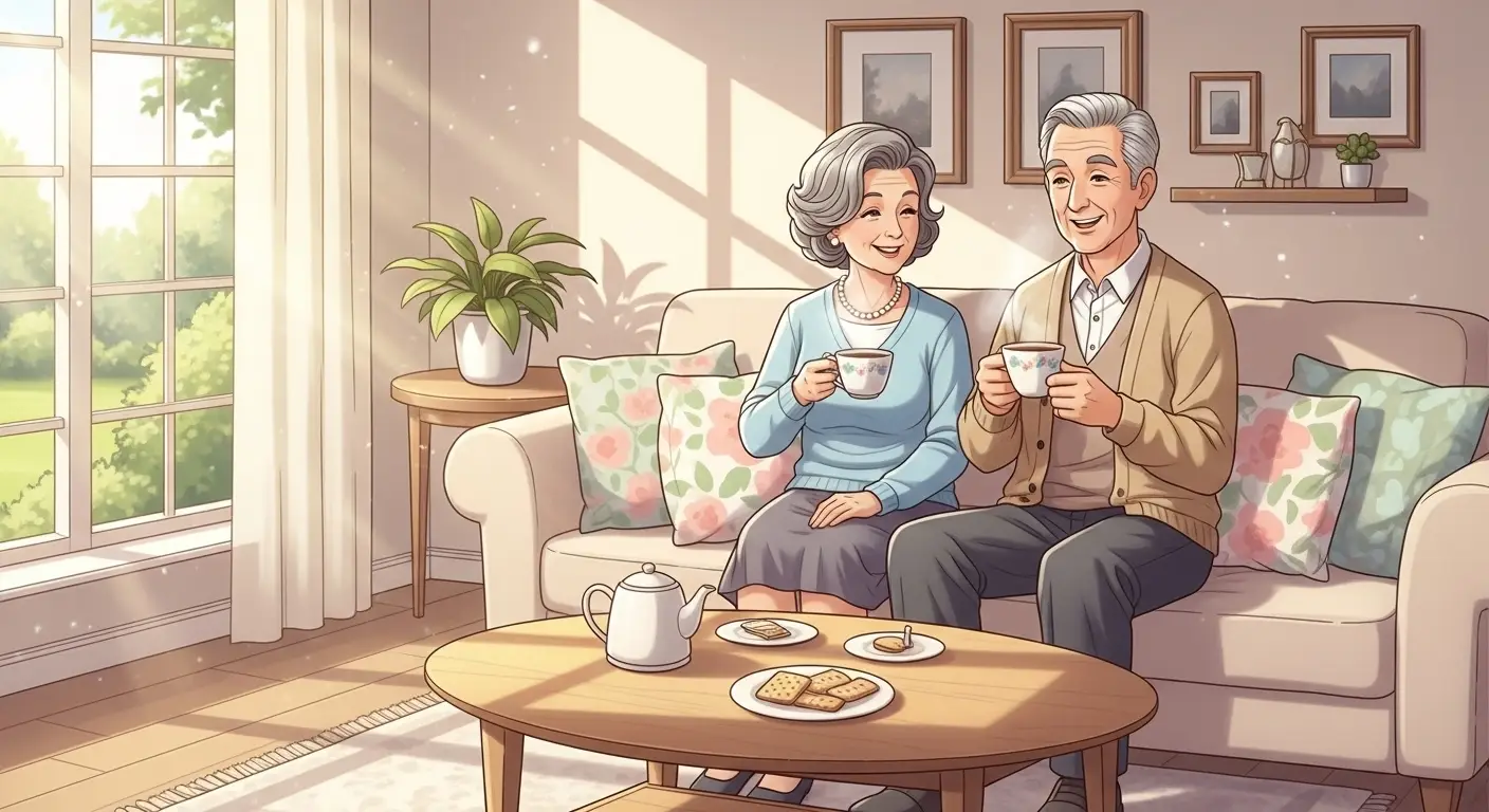  따뜻한 햇살이 드는 거실에서 한가롭게 차를 마시며 미소 짓는 60대 부부의 모습    