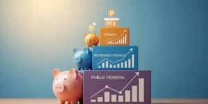 저금통이나 그래프가 연금의 3층 구조(공적, 퇴직, 개인)를 나타내며 쌓여있는 이미지