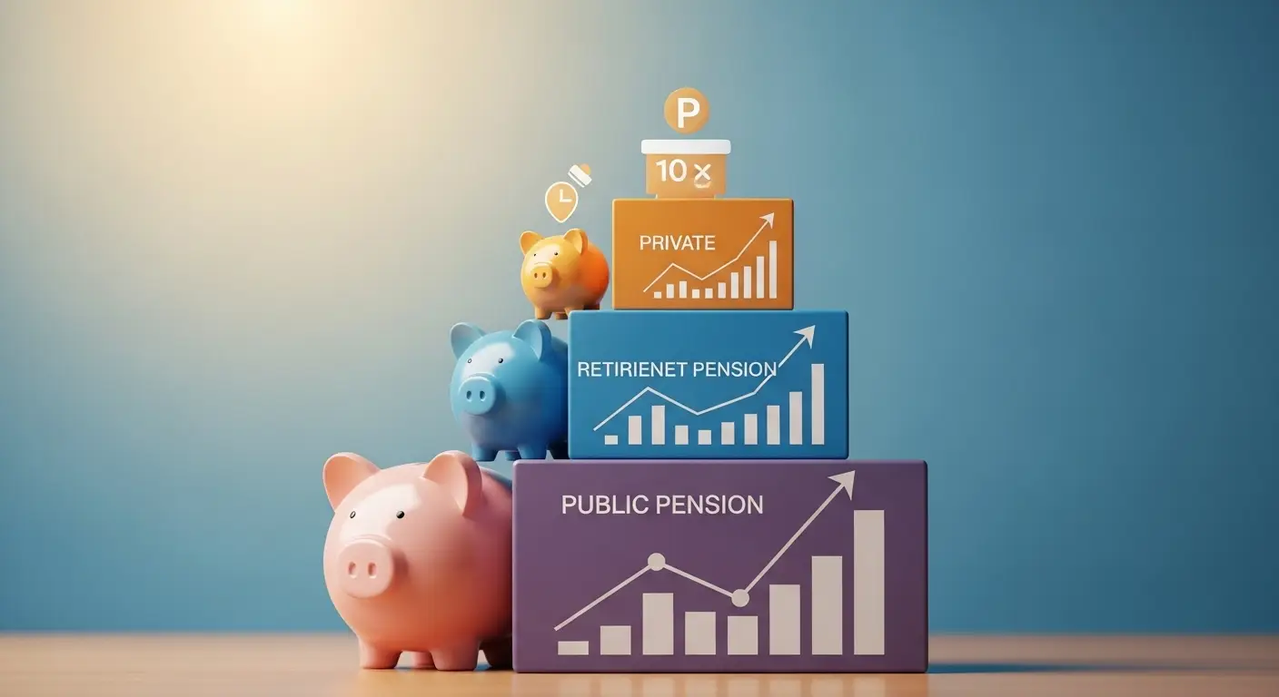  저금통이나 그래프가 연금의 3층 구조(공적, 퇴직, 개인)를 나타내며 쌓여있는 이미지   