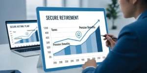 한 사람이 클래식 블루 톤의 그래프 차트(세금, 연금 수령액 표시)를 보며 은퇴 계획을 세우는 이미지