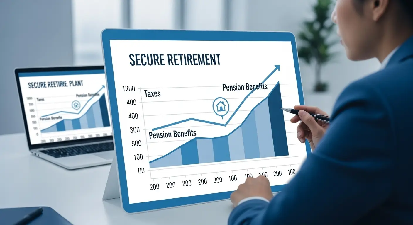 한 사람이 클래식 블루 톤의 그래프 차트(세금, 연금 수령액 표시)를 보며 은퇴 계획을 세우는 이미지     