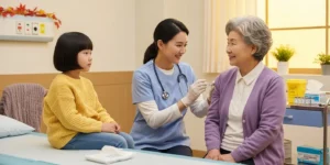 따뜻하고 깨끗한 분위기의 병원 진료실에서 의사가 어린이 또는 노인에게 독감 예방접종을 하고 있는 모습