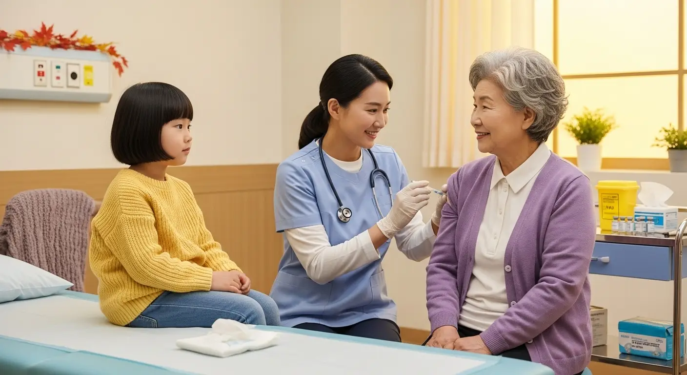 따뜻하고 깨끗한 분위기의 병원 진료실에서 의사가 어린이 또는 노인에게 독감 예방접종을 하고 있는 모습    
