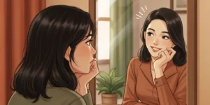 자신의 거울 속 모습을 바라보는 사람, 거울 속에는 더 자신감 있고 성공적인 모습