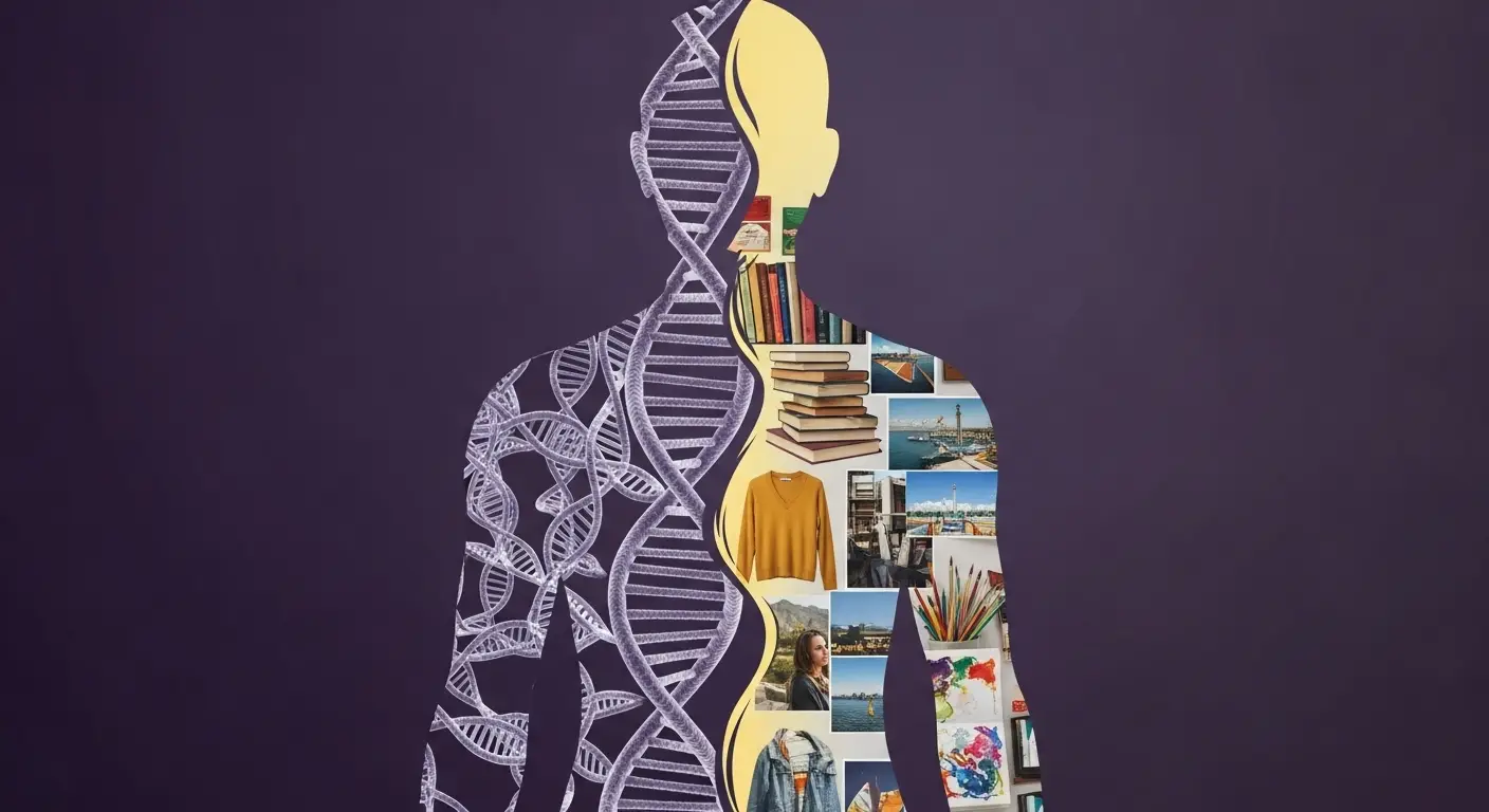 한 사람의 모습이 왼쪽 절반은 유전자(DNA 나선 구조) 이미지와 겹쳐지고, 오른쪽 절반은 다양한 라이프스타일(책, 옷, 여행 사진, 미술 도구) 이미지와 겹쳐져 있는 이미지  