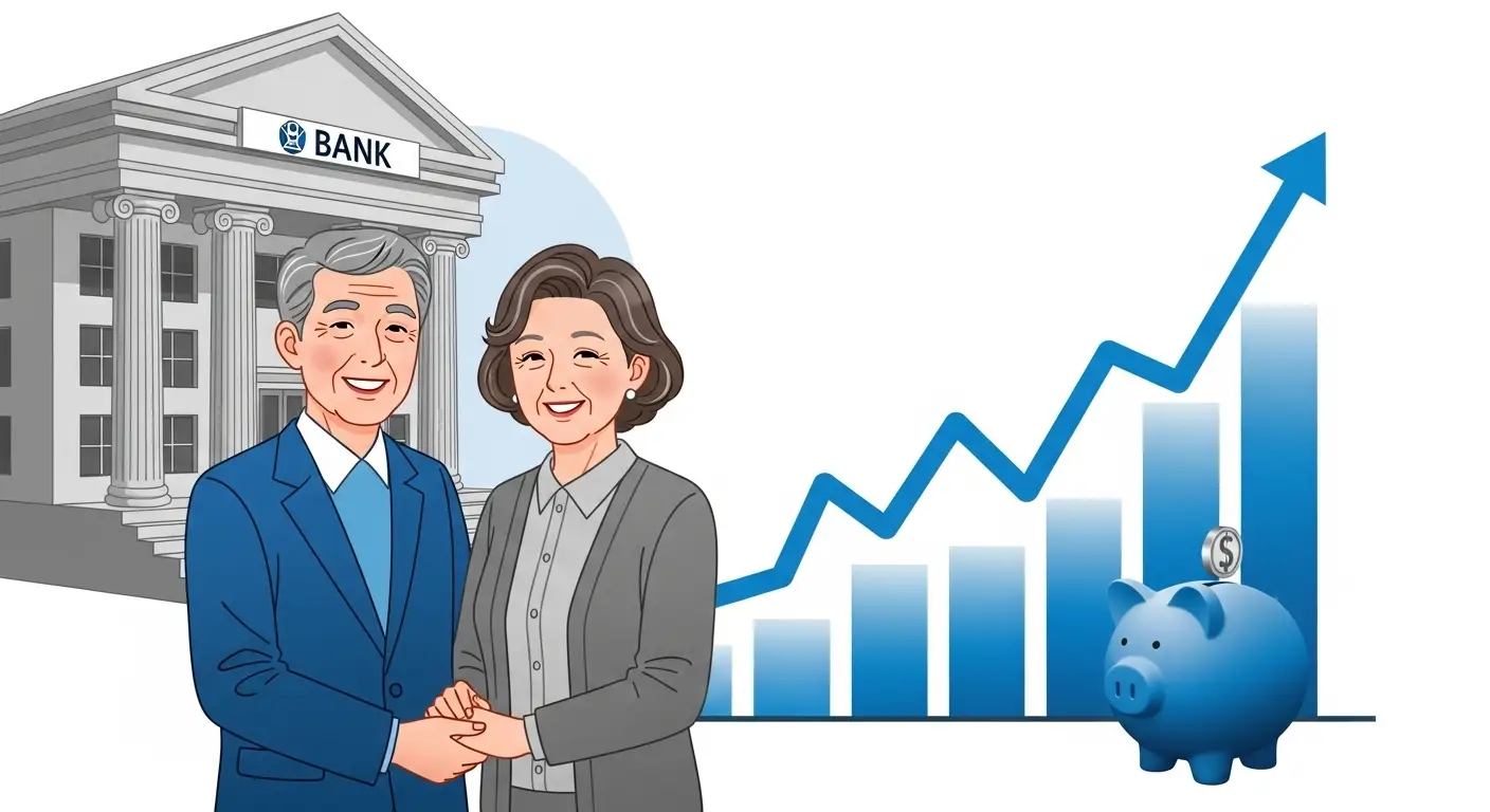    은퇴한 노부부가 따뜻하게 웃고 있고, 그 배경으로 든든한 은행 건물과 성장하는 그래프 이미지   