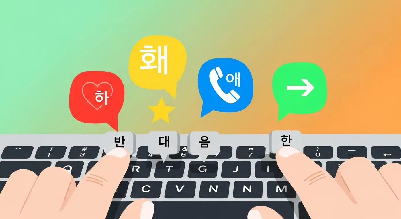 컴퓨터 키보드 위로 손가락이 한글 자음 키를 누르고 있고, 그 위로 다채로운 특수문자들이 말풍선처럼 떠오르는 모습  
