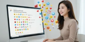 컴퓨터 화면 앞에서 밝게 웃는 사람이 윈도우 이모지 및 특수문자 창을 열어보고 있는 모습