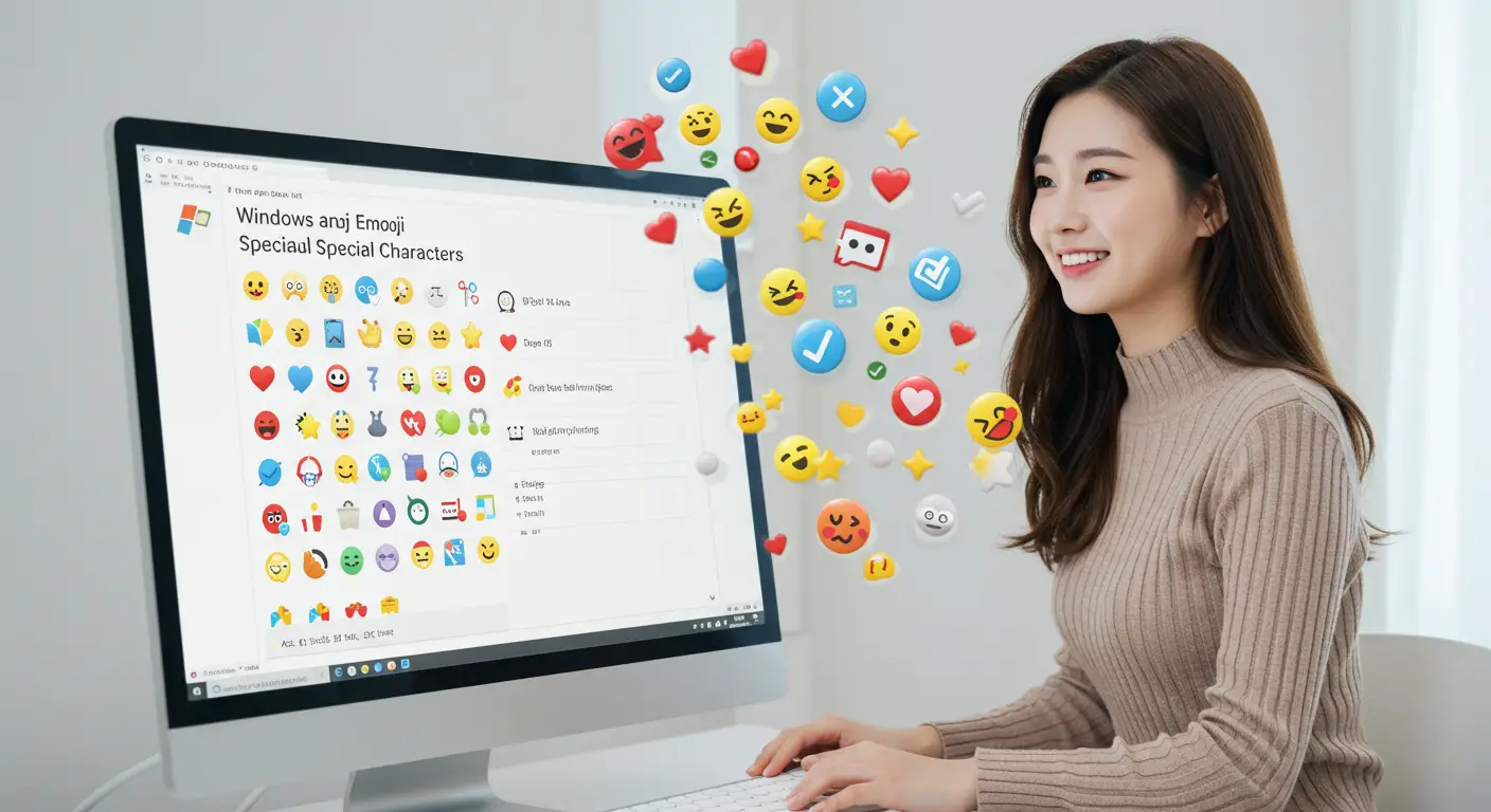 컴퓨터 화면 앞에서 밝게 웃는 사람이 윈도우 이모지 및 특수문자 창을 열어보고 있는 모습  