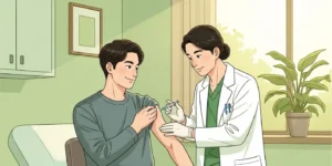 병원 진료실에서, 의사가 미소 띤 환자의 팔에 인플루엔자 예방접종(주사)을 하는 모습