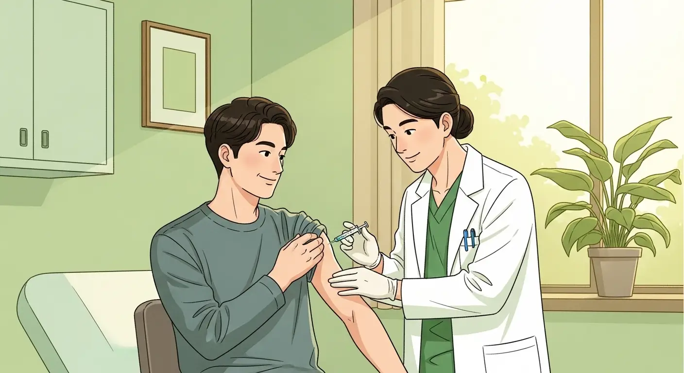  병원 진료실에서, 의사가 미소 띤 환자의 팔에 인플루엔자 예방접종(주사)을 하는 모습    