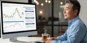 50대 후반에서 60대 초반의 성숙한 사람이 주식 차트와 은퇴 계획서가 보이는 컴퓨터 화면을 바라보고 있는 이미지