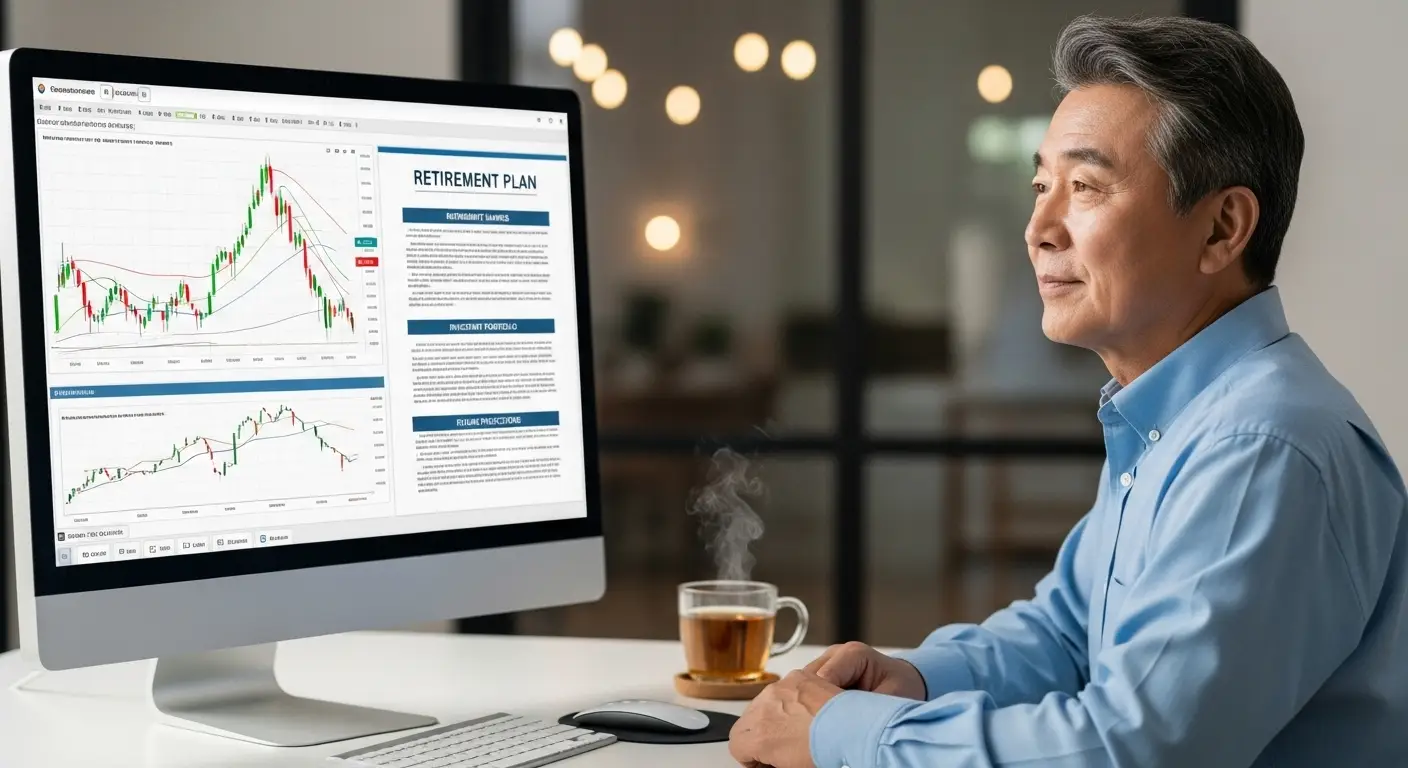  50대 후반에서 60대 초반의 성숙한 사람이 주식 차트와 은퇴 계획서가 보이는 컴퓨터 화면을 바라보고 있는 이미지    