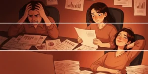 한 사람이 책상에 앉아 복잡한 서류나 그래프를 보며 고뇌하다가, 점차 집중하며 몰입하고, 마침내 만족스러운 미소를 짓는 이미지