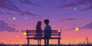 보라색 노을이 지는 하늘 아래, 벤치에 앉아 수줍게 서로를 바라보는 커플 모습