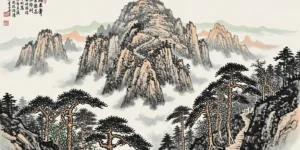 동양의 전통 수묵화 스타일로 그린 웅장하고 장엄한 중국 태산 이미지