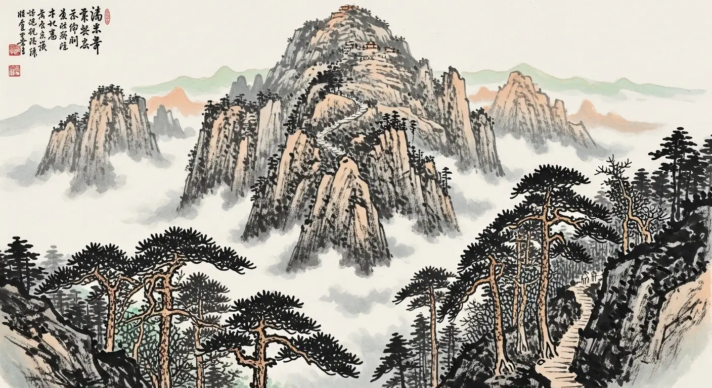 동양의 전통 수묵화 스타일로 그린 웅장하고 장엄한 중국 태산 이미지  