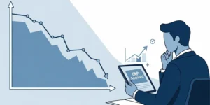 국민연금 고갈 위기를 나타내는 하락세의 그래프와, 그 앞에서 자신의 노후를 계획하며 개인연금(IRP) 통장을 들고 있는 한 사람의 모습