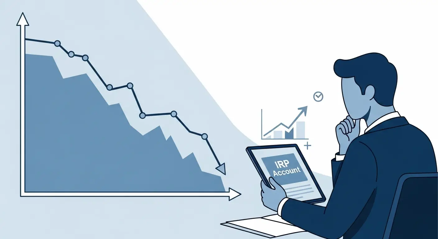  국민연금 고갈 위기를 나타내는 하락세의 그래프와, 그 앞에서 자신의 노후를 계획하며 개인연금(IRP) 통장을 들고 있는 한 사람의 모습    