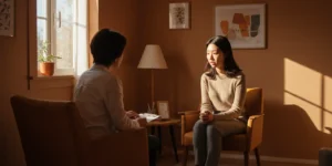 따뜻한 흙색(테라코타) 톤의 아늑하고 안전한 상담실. 창문으로 부드러운 햇살이 들어오고 있으며, 한 사람이 상담사와 마주 앉아 편안하게 대화하고 있는 모습