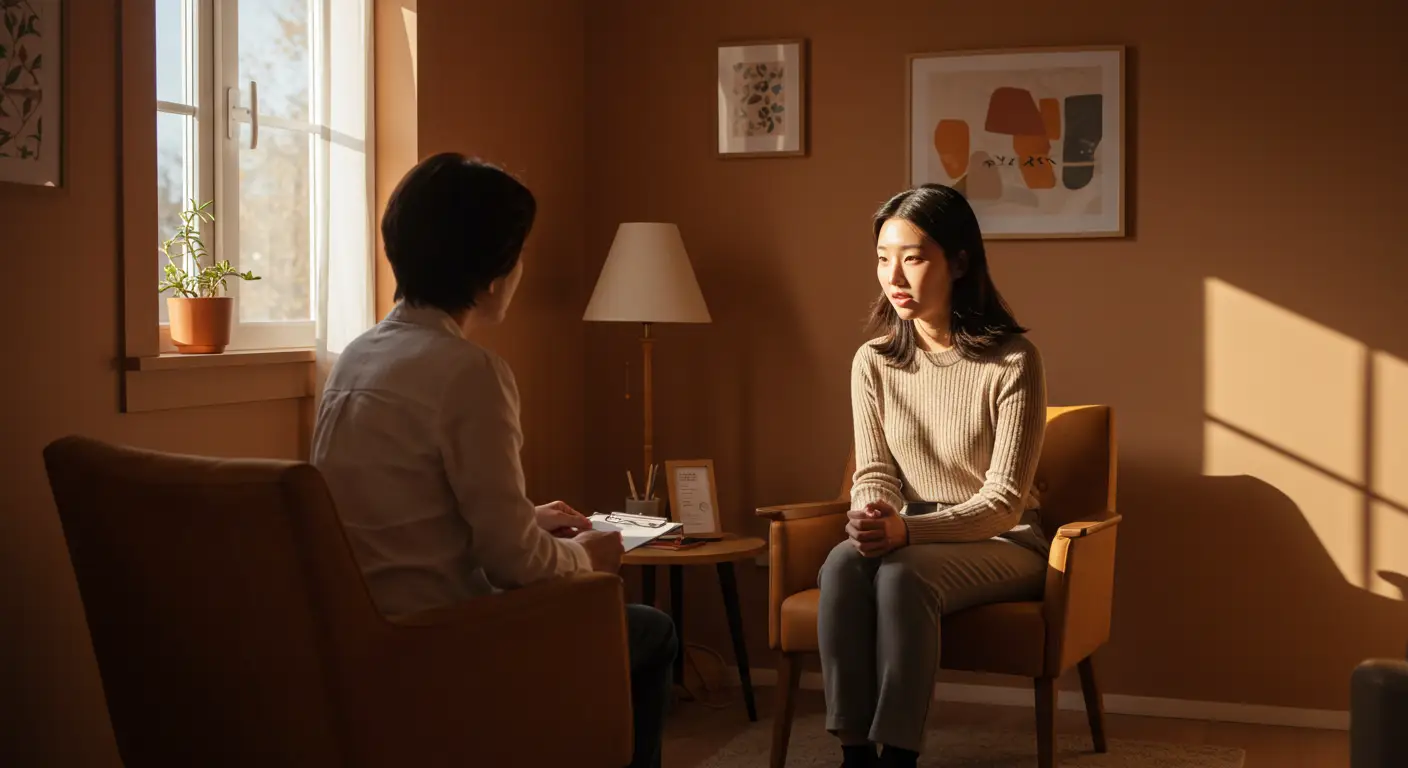 따뜻한 흙색(테라코타) 톤의 아늑하고 안전한 상담실. 창문으로 부드러운 햇살이 들어오고 있으며, 한 사람이 상담사와 마주 앉아 편안하게 대화하고 있는 모습   