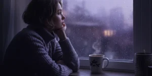 비 오는 날, 슬픔이 아닌 부드럽고 사색에 잠긴 표정으로 한 사람이 창밖을 바라보고 있는 모습