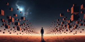 한 사람이 별이 가득한 밤하늘 아래 서서, 발밑의 땅은 안정적이지만 저 멀리 풍경의 일부가 픽셀처럼 부서져 흩날리는 초현실적이고 철학적인 이미지