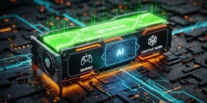 밝은 녹색과 주황색 악센트로 빛나는, 고도로 정교한 미래형 컴퓨터 그래픽 카드 이미지