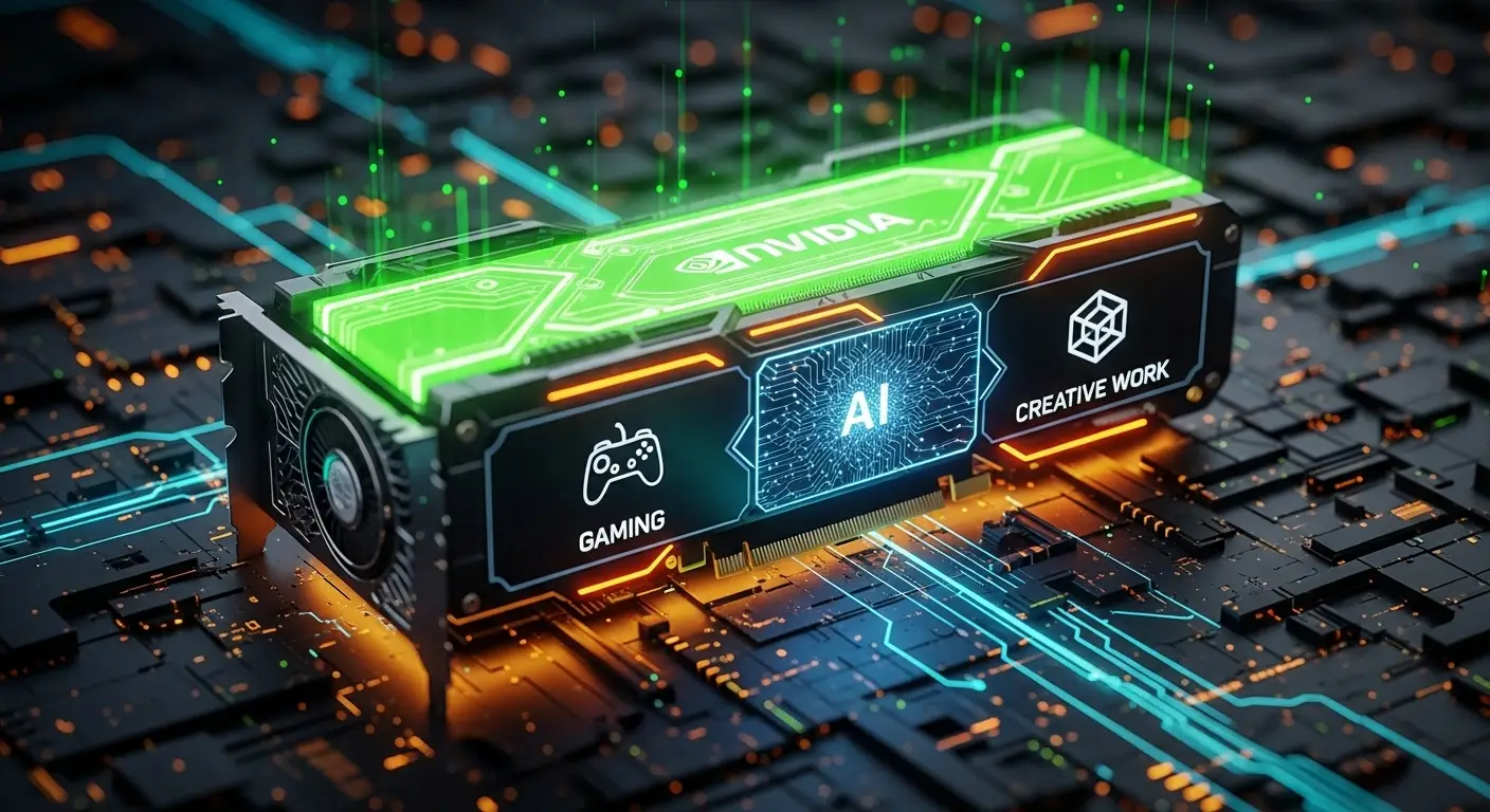  밝은 녹색과 주황색 악센트로 빛나는, 고도로 정교한 미래형 컴퓨터 그래픽 카드 이미지 